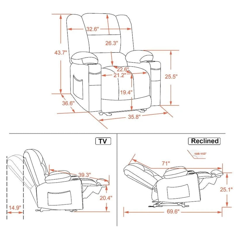 MCombo Electric Power Recliner Chair with Heat and Massage, Fabric 6079/PR670
