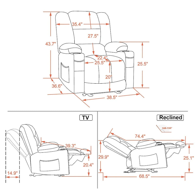 MCombo Electric Power Recliner Chair with Heat and Massage, Fabric 6079/PR670