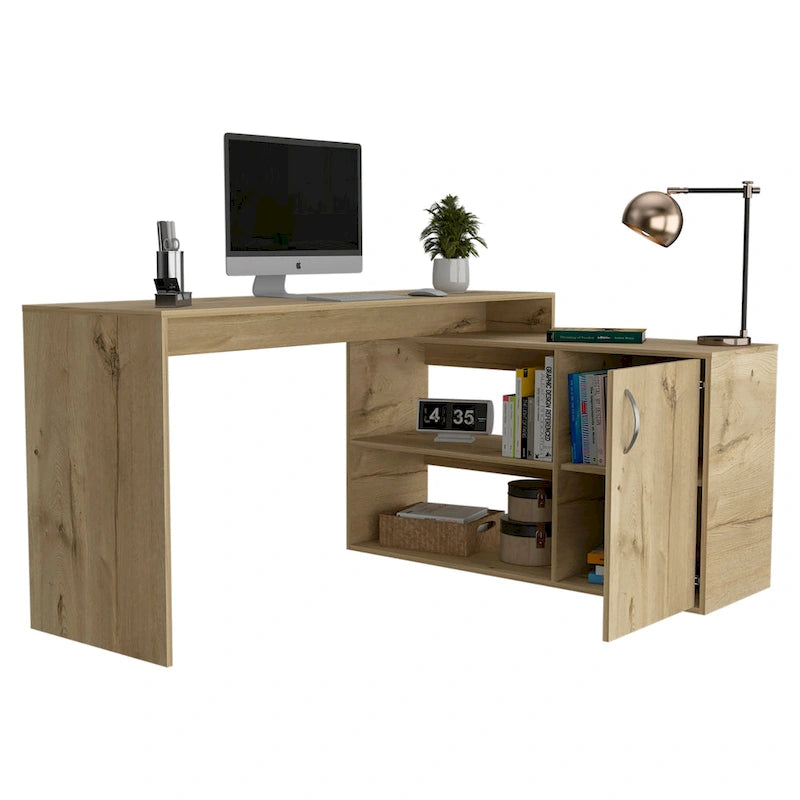 FM Furniture Dallas L-Shaped Home Office Desk, Two Shelves, Single Door Cabinet