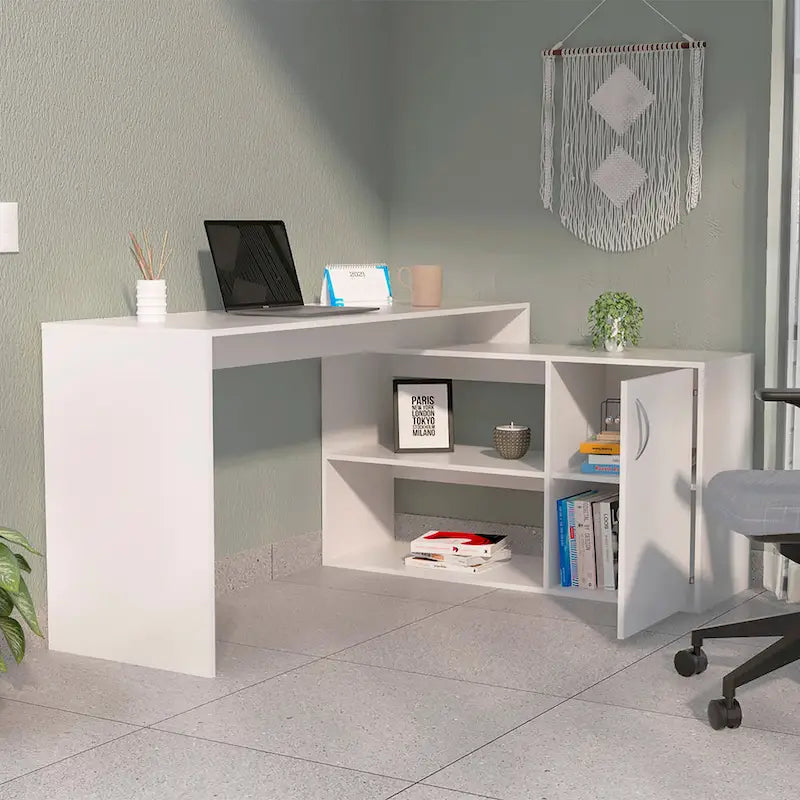 FM Furniture Dallas L-Shaped Home Office Desk, Two Shelves, Single Door Cabinet