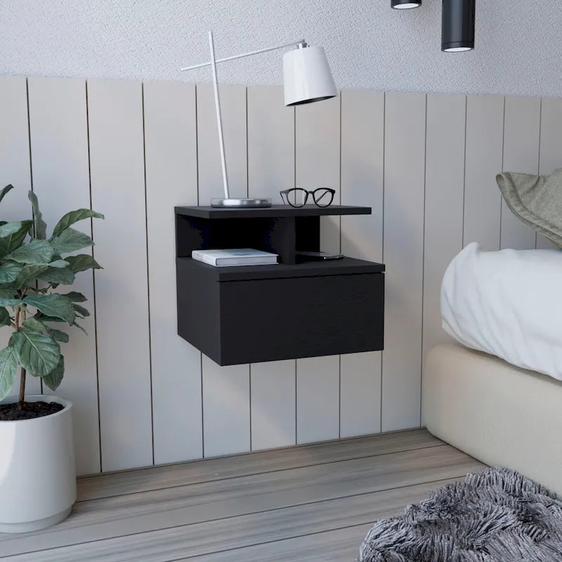 Adele Floating Nightstand with Open Shelf, Drawer, White