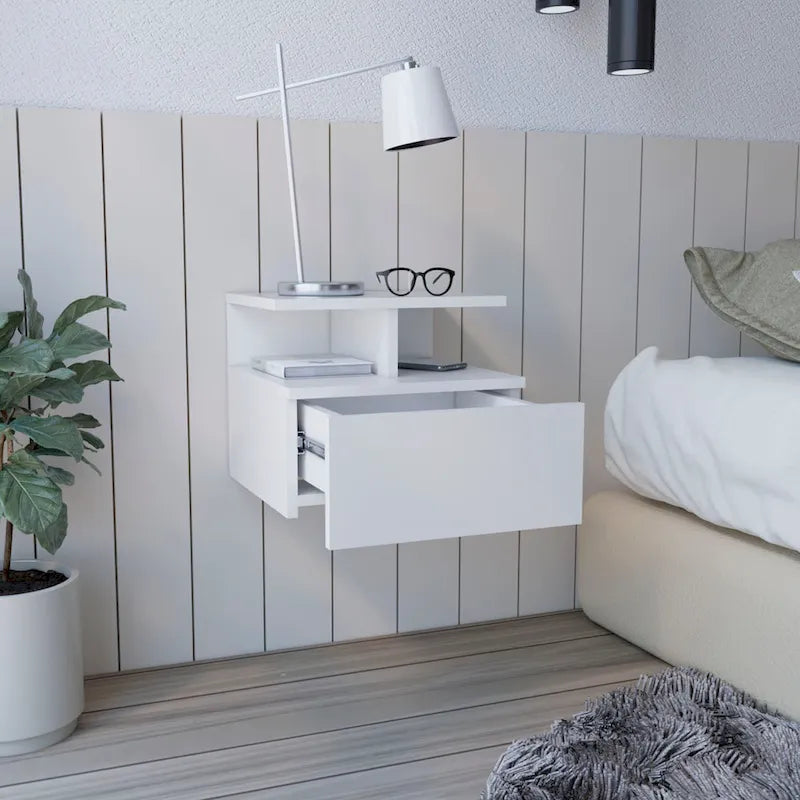 Adele Floating Nightstand with Open Shelf, Drawer, White