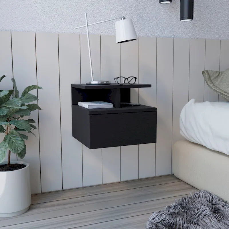 Adele Floating Nightstand with Open Shelf, Drawer, White