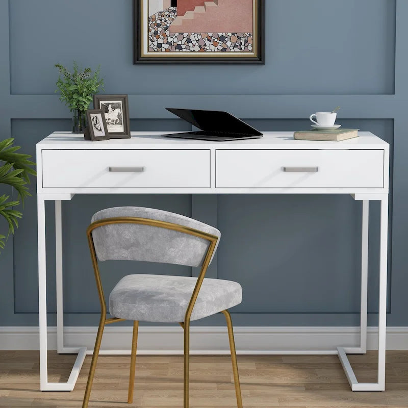 40 Inches Computer Desk White and Gold Desk with 2 Drawers