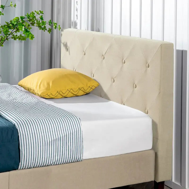 Priage by ZINUS Beige Upholstered Diamond Stitched Platform Bed Frame