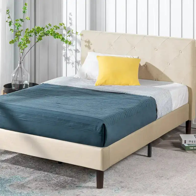 Priage by ZINUS Beige Upholstered Diamond Stitched Platform Bed Frame