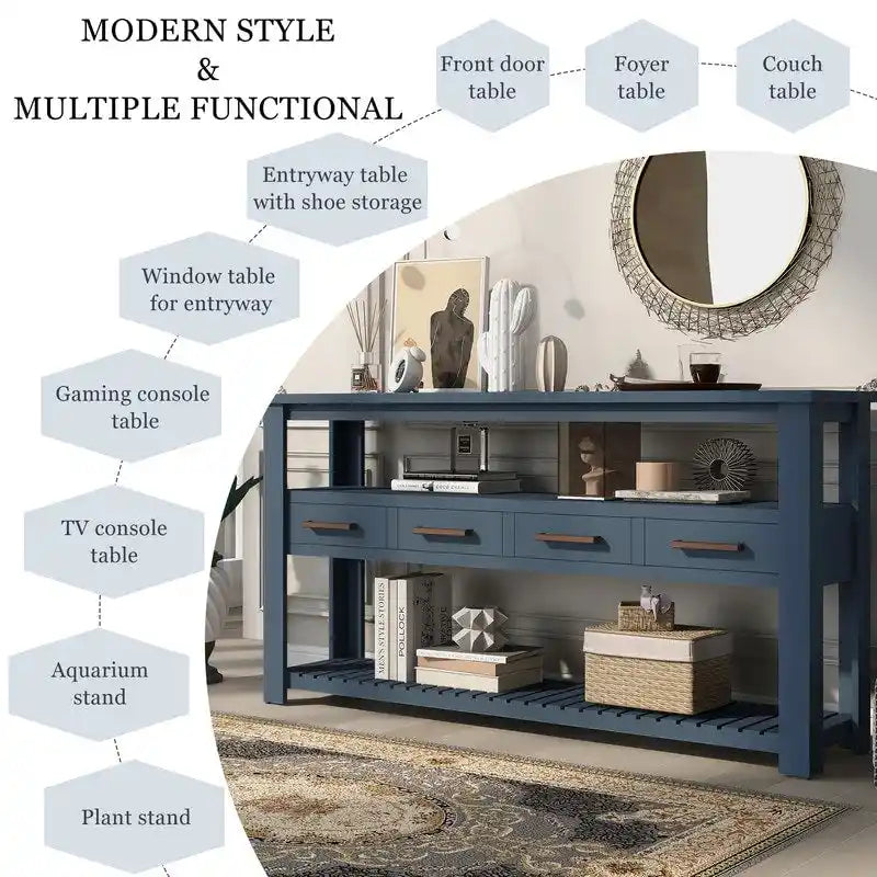 Long Entryway Console Sofa Table with Drawers, Farmhouse Wood Sofa Tables Console Table with 4 Drawers and 2 Shelves
