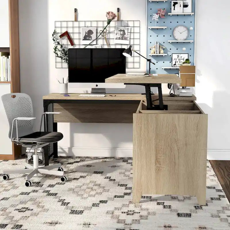 DH BASIC Industrial Natural Oak 65-inch Metal L-Shaped Standing Desk by Denhour