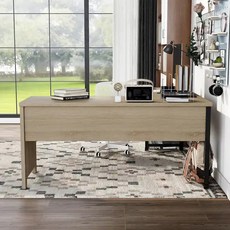 DH BASIC Industrial Natural Oak 65-inch Metal L-Shaped Standing Desk by Denhour