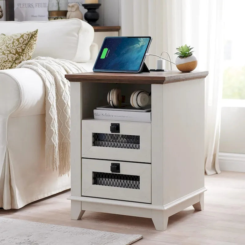 Farmhouse Nightstand with Charging Station, End Table, Side Table