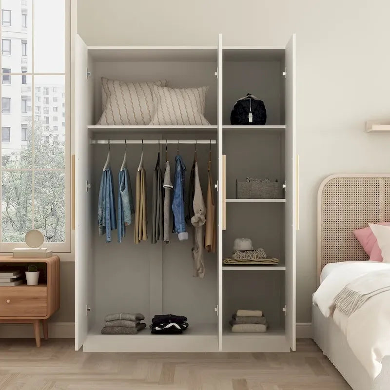 Timechee 47.2 Armoire Clothes Storage Solid Wood Handles Wardrobe White