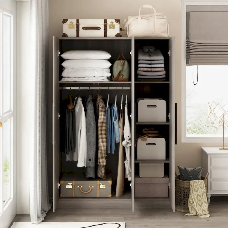 Timechee 47.2 Armoire Clothes Storage Solid Wood Handles Wardrobe White