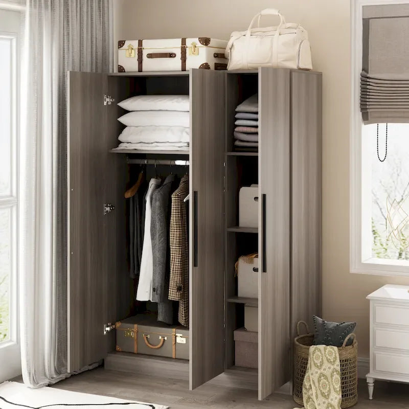 Timechee 47.2 Armoire Clothes Storage Solid Wood Handles Wardrobe White