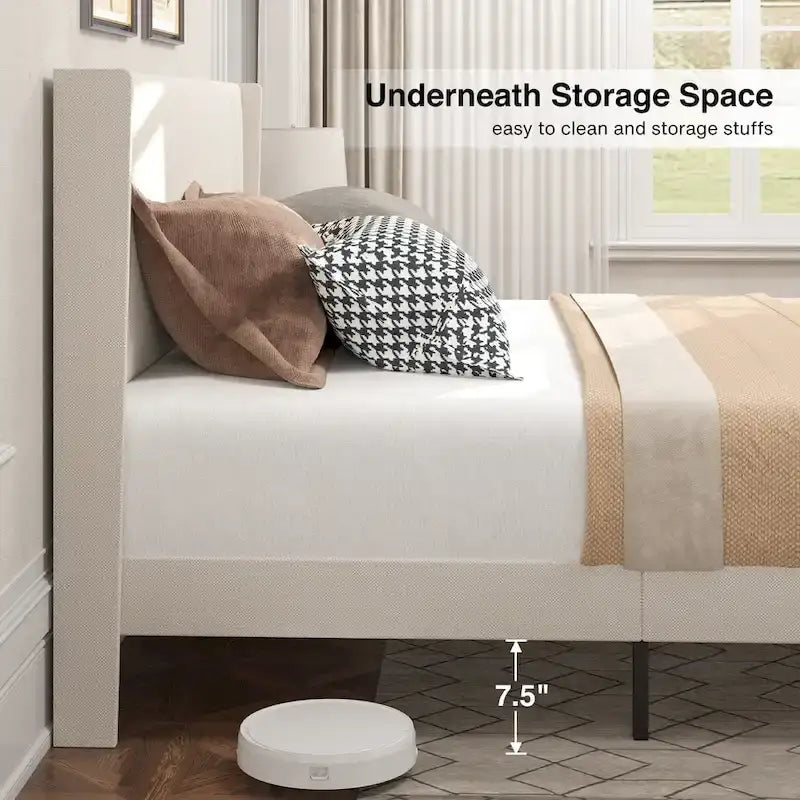 Queen/ Full Vertical Channels Upholstered Bed with Wingback Headboard