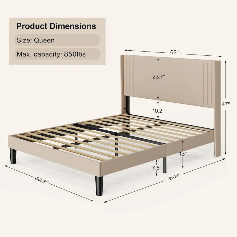 Queen/ Full Vertical Channels Upholstered Bed with Wingback Headboard
