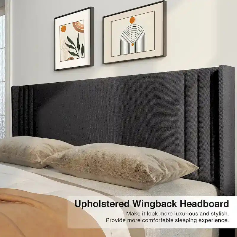 Queen/ Full Vertical Channels Upholstered Bed with Wingback Headboard