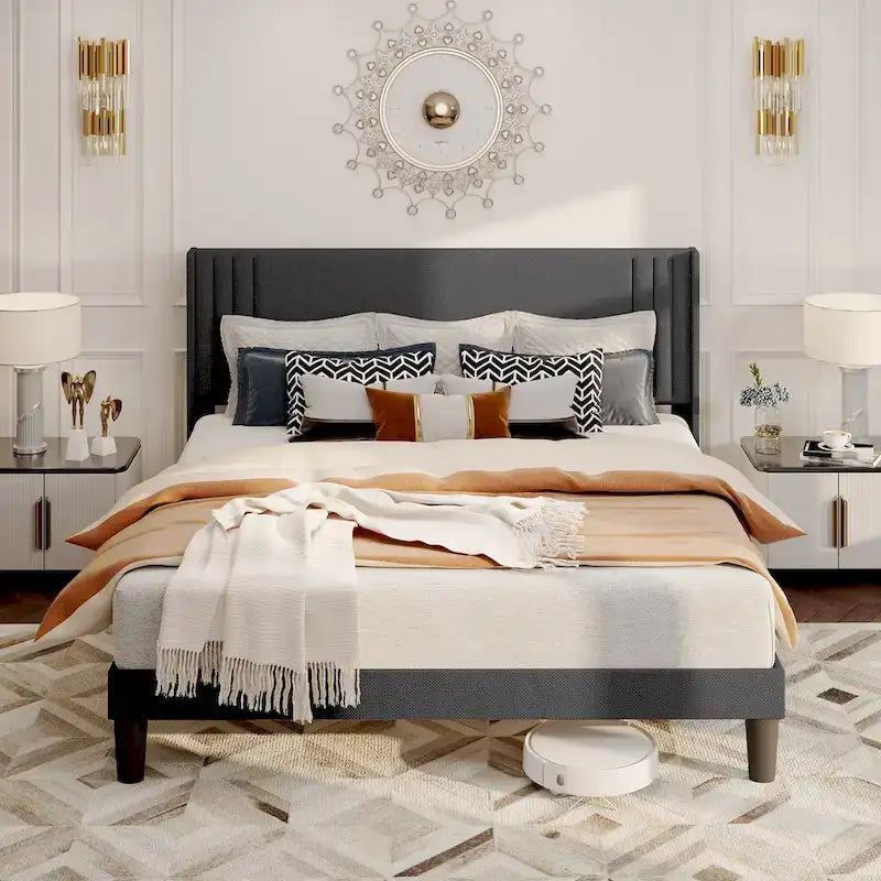 Queen/ Full Vertical Channels Upholstered Bed with Wingback Headboard