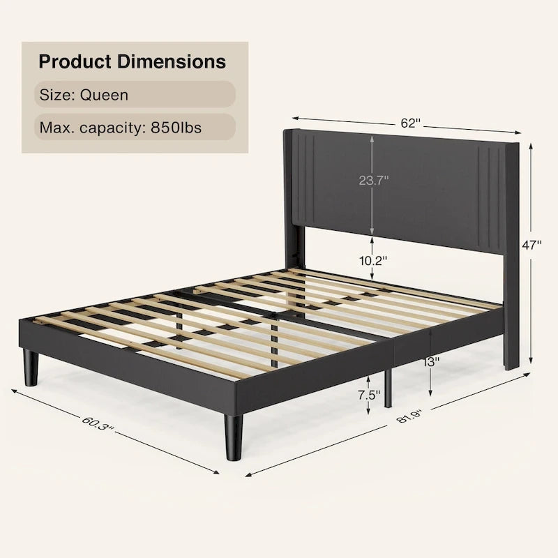 Queen/ Full Vertical Channels Upholstered Bed with Wingback Headboard