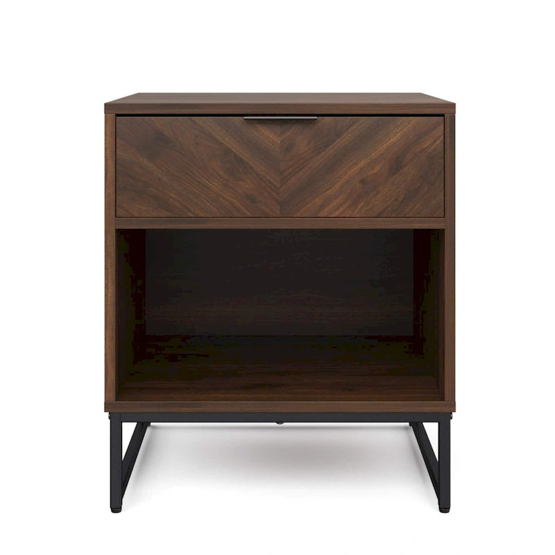 Nathan James Kensi Rustic Nightstand Matte Metal Base Open Cubby Storage and Drawer