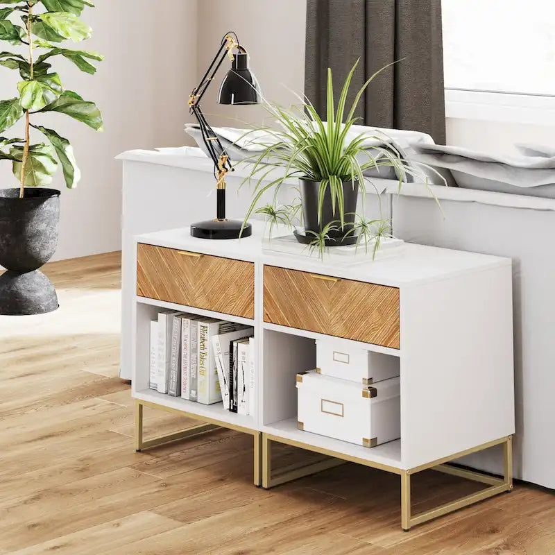 Nathan James Kensi Rustic Nightstand Matte Metal Base Open Cubby Storage and Drawer