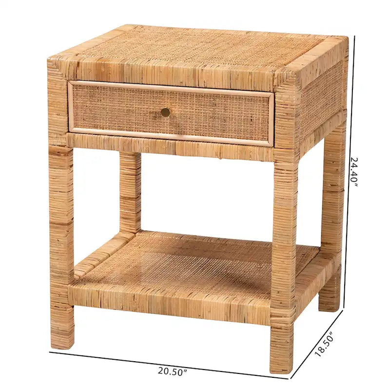 Adelia Modern Bohemian Natural Rattan and Mahogany Wood 1-Drawer Nightstand