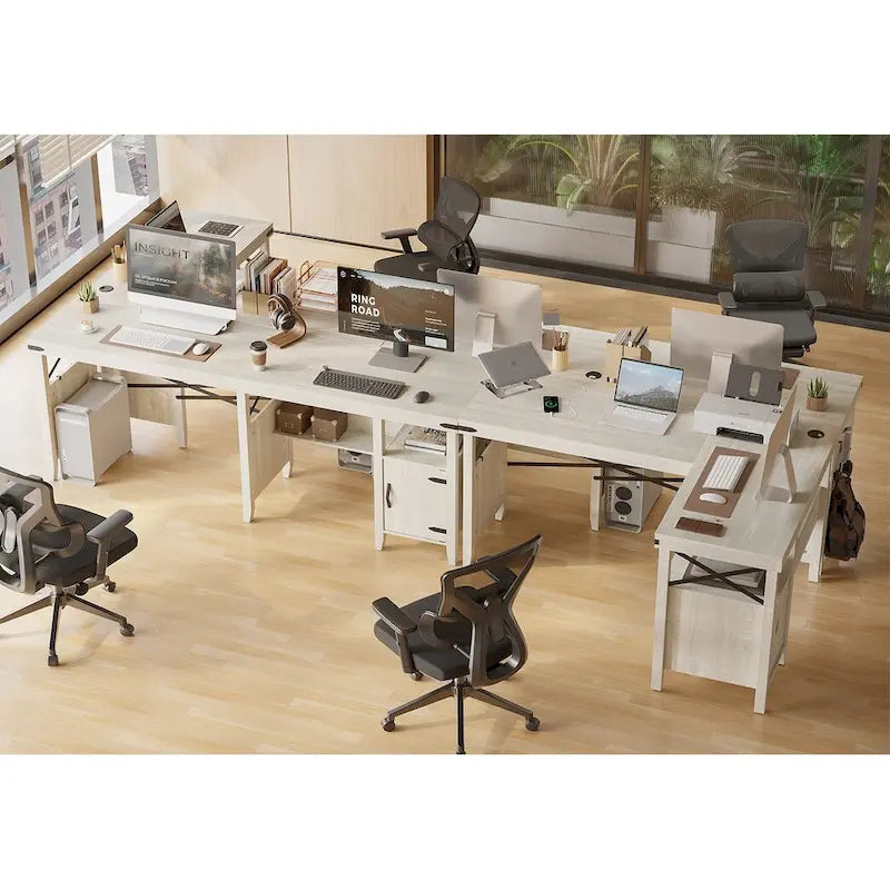 Farmhouse L Shaped Home Office Computer Desk with Storage Cabinet