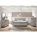  Alvear Upholstered Wood Panel Bed, Dresser, Mirror, 2 Nightstands, and Chest, Weathered Gray