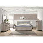 Alvear Upholstered Wood Panel Bed, Dresser, Mirror, 2 Nightstands, and Chest, Weathered Gray