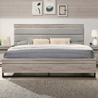 Alvear Upholstered Wood Panel Bed, Dresser, Mirror, 2 Nightstands, and Chest, Weathered Gray