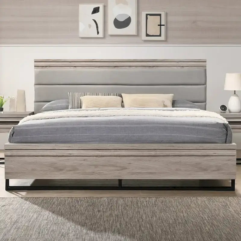 Alvear Upholstered Wood Panel Bed, Dresser, Mirror, 2 Nightstands, and Chest, Weathered Gray