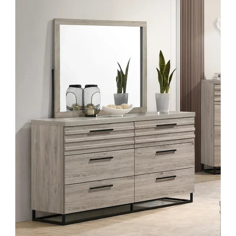 Alvear Upholstered Wood Panel Bed, Dresser, Mirror, 2 Nightstands, and Chest, Weathered Gray