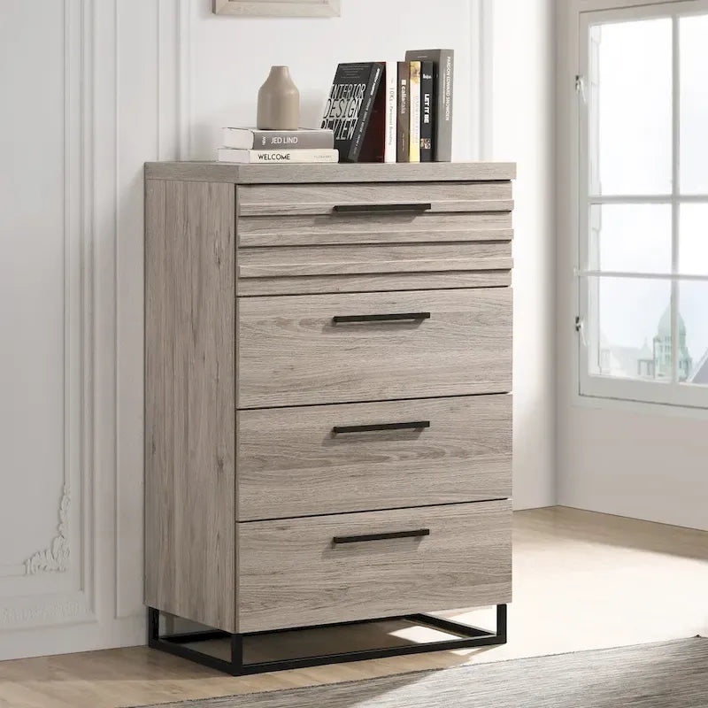 Alvear Upholstered Wood Panel Bed, Dresser, Mirror, 2 Nightstands, and Chest, Weathered Gray