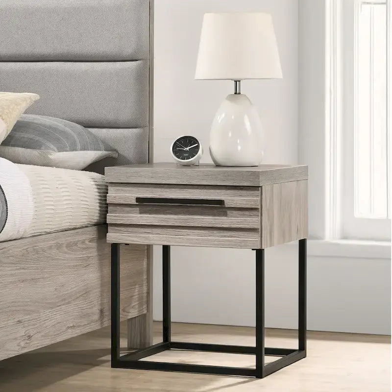 Alvear Upholstered Wood Panel Bed, Dresser, Mirror, 2 Nightstands, and Chest, Weathered Gray