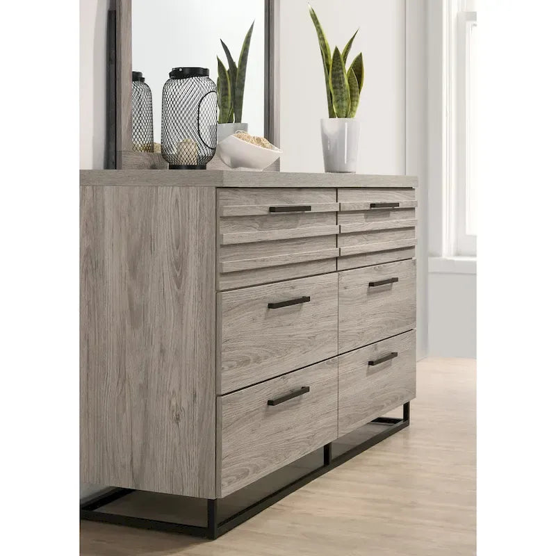 Alvear Upholstered Wood Panel Bed, Dresser, Mirror, 2 Nightstands, and Chest, Weathered Gray