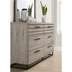 Alvear Upholstered Wood Panel Bed, Dresser, Mirror, 2 Nightstands, and Chest, Weathered Gray