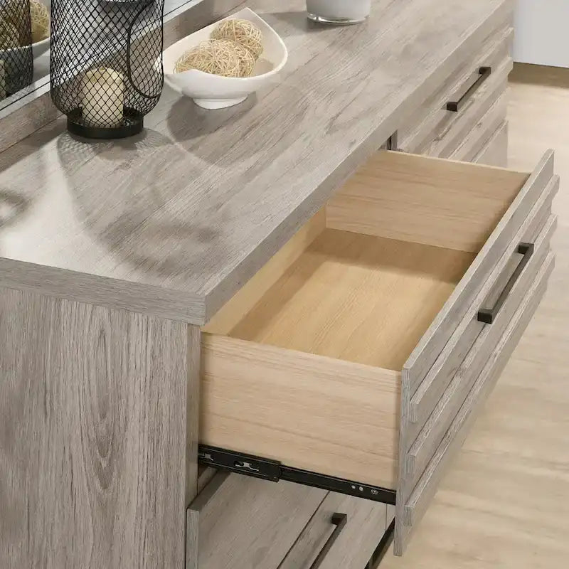 Alvear Upholstered Wood Panel Bed, Dresser, Mirror, 2 Nightstands, and Chest, Weathered Gray