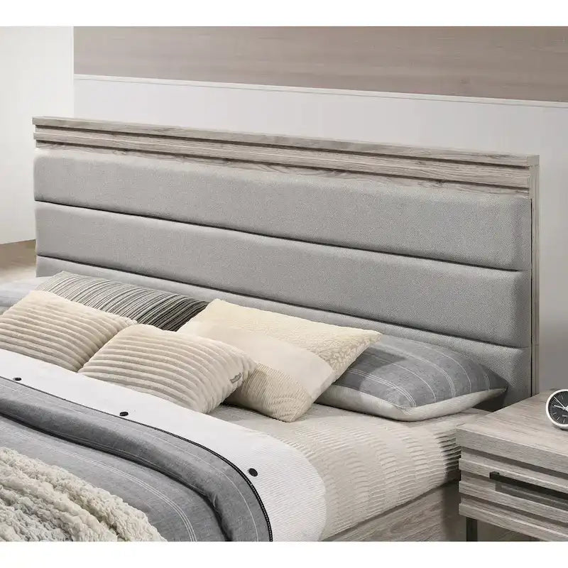 Alvear Upholstered Wood Panel Bed, Dresser, Mirror, 2 Nightstands, and Chest, Weathered Gray