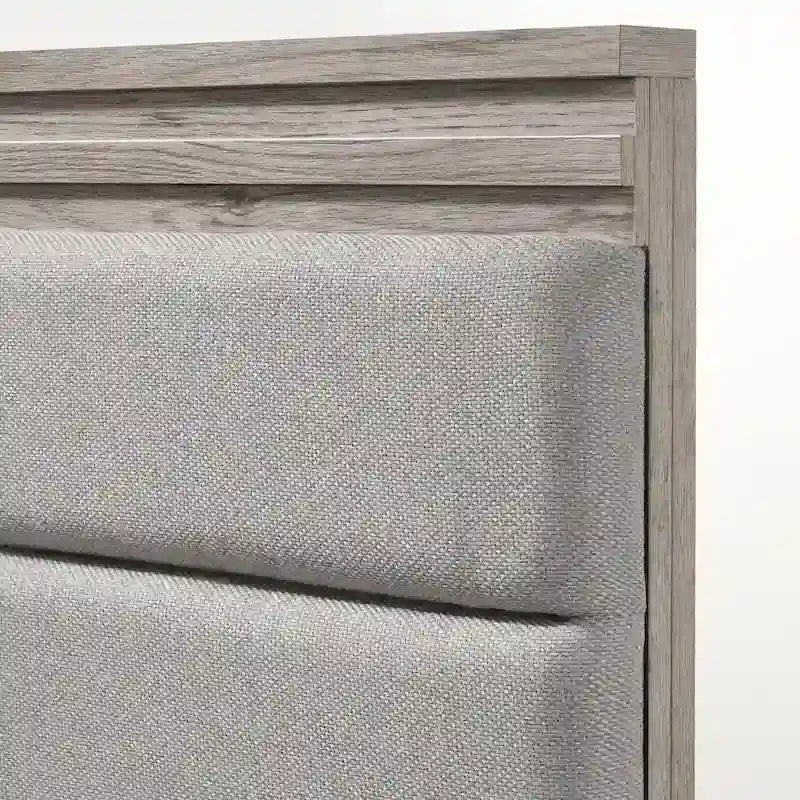 Alvear Upholstered Wood Panel Bed, Dresser, Mirror, 2 Nightstands, and Chest, Weathered Gray