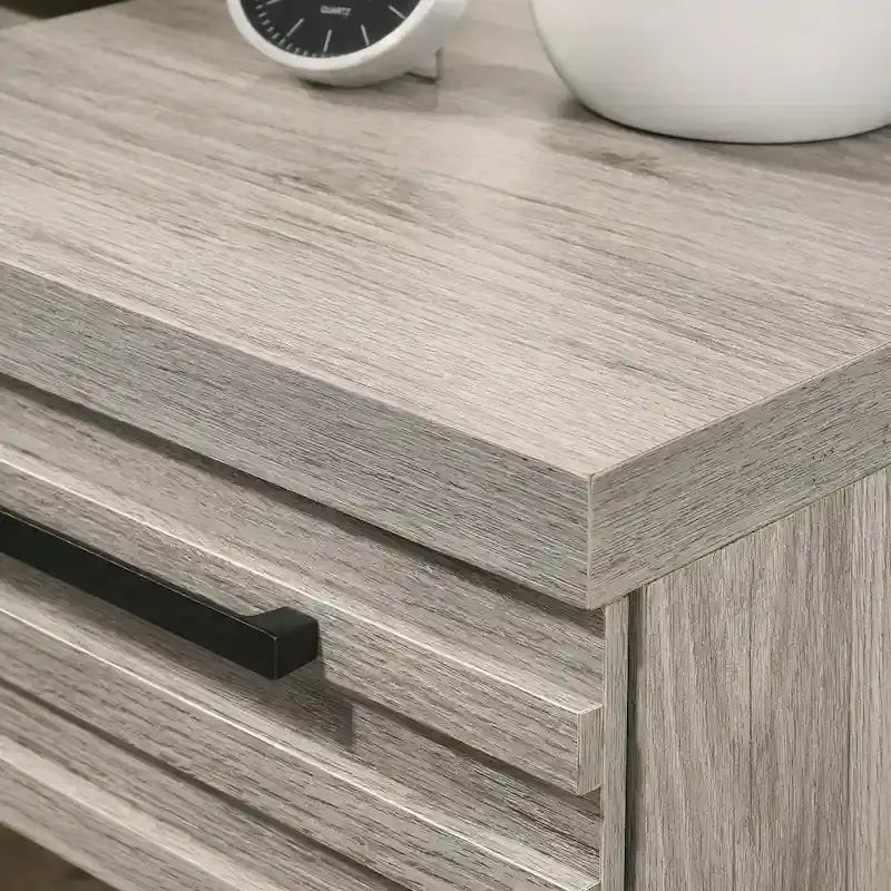 Alvear Upholstered Wood Panel Bed, Dresser, Mirror, 2 Nightstands, and Chest, Weathered Gray