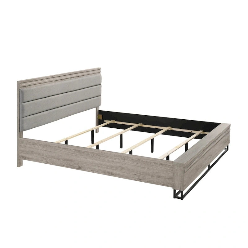 Alvear Upholstered Wood Panel Bed, Dresser, Mirror, 2 Nightstands, and Chest, Weathered Gray