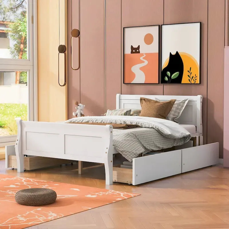 Full Size Wood Platform Bed with 4 Drawers and Streamlined Headboard