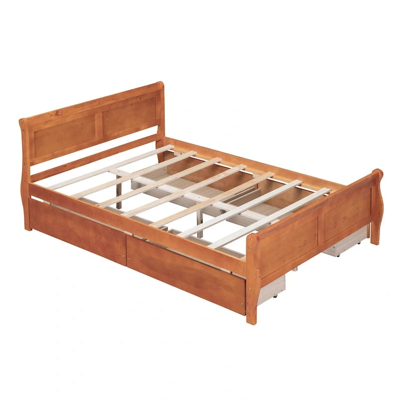 Full Size Wood Platform Bed with 4 Drawers and Streamlined Headboard