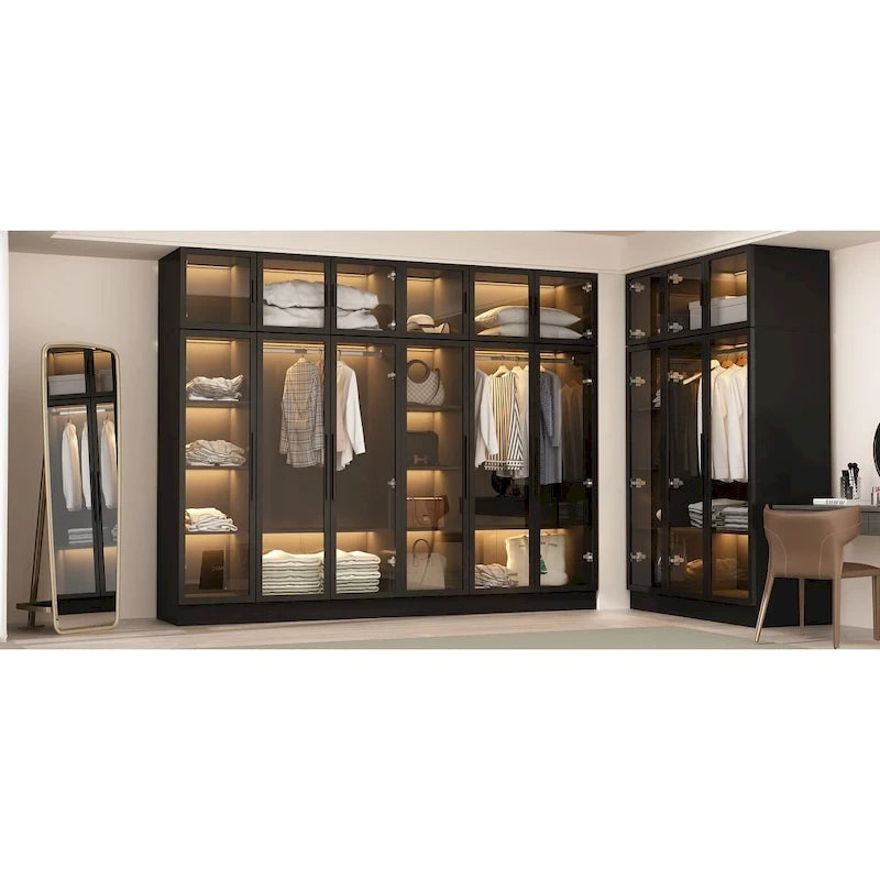 Glass Door Wardrobe Armoire Storage Closet with Light Display Cabinet