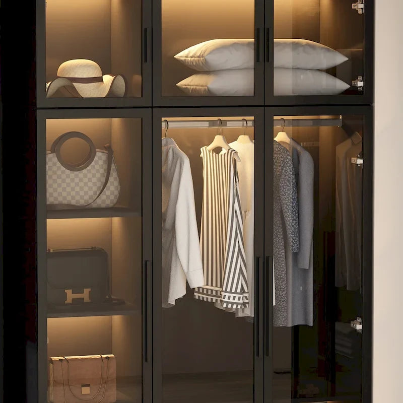 Glass Door Wardrobe Armoire Storage Closet with Light Display Cabinet