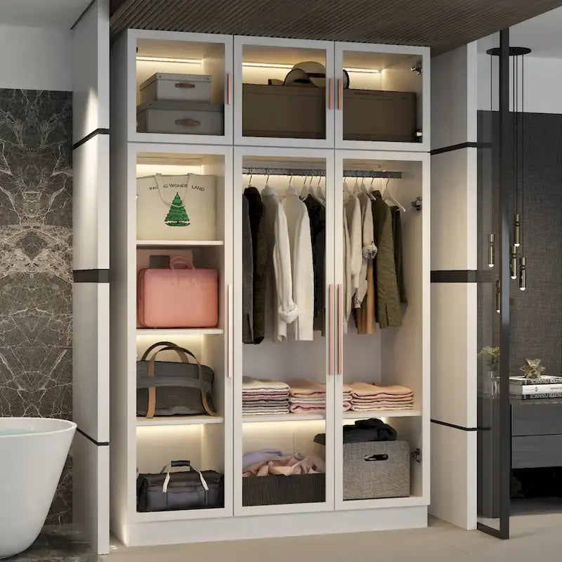 Glass Door Wardrobe Armoire Storage Closet with Light Display Cabinet