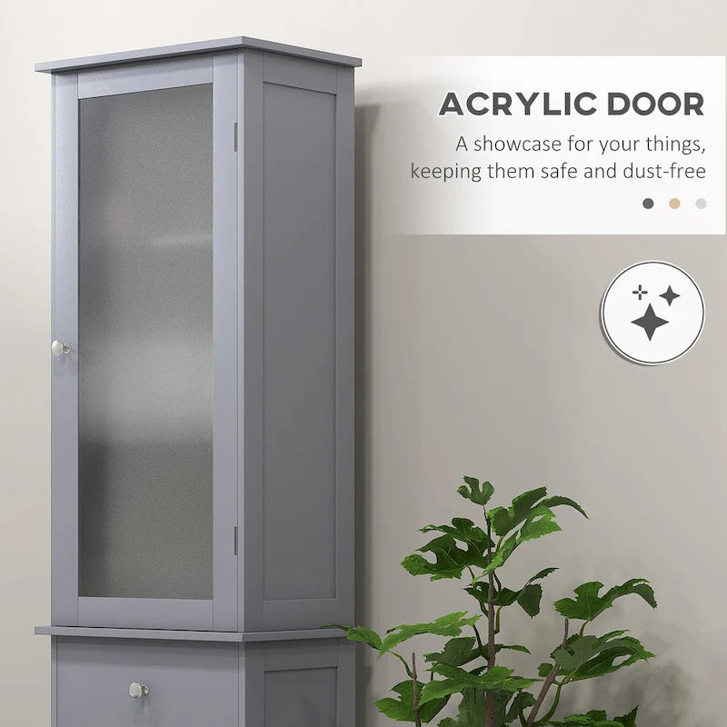 kleankin Slim Bathroom Storage Cabinet, Tall Bathroom Cabinet, Narrow Linen Tower with Acrylic Door, Drawer and Shelves, Gray