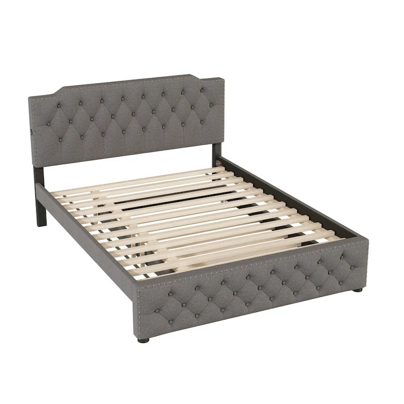 Queen Size Upholstered Platform Bed with Twin Size Trundle and 2 sets of USB Ports on each side, Linen Fabric, Beige