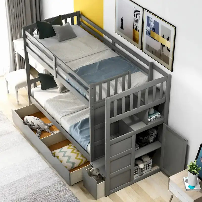 Twin over Full Stairway Bunk Bed with Storage, Gray