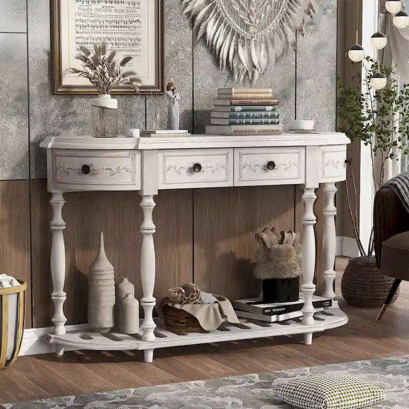 52 Modern and Contemporary Curved Console Table Sofa Table Entryway Table for Hallway Living Room with 4 Drawers and 1 Shelf