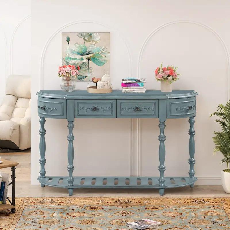 52 Modern and Contemporary Curved Console Table Sofa Table Entryway Table for Hallway Living Room with 4 Drawers and 1 Shelf